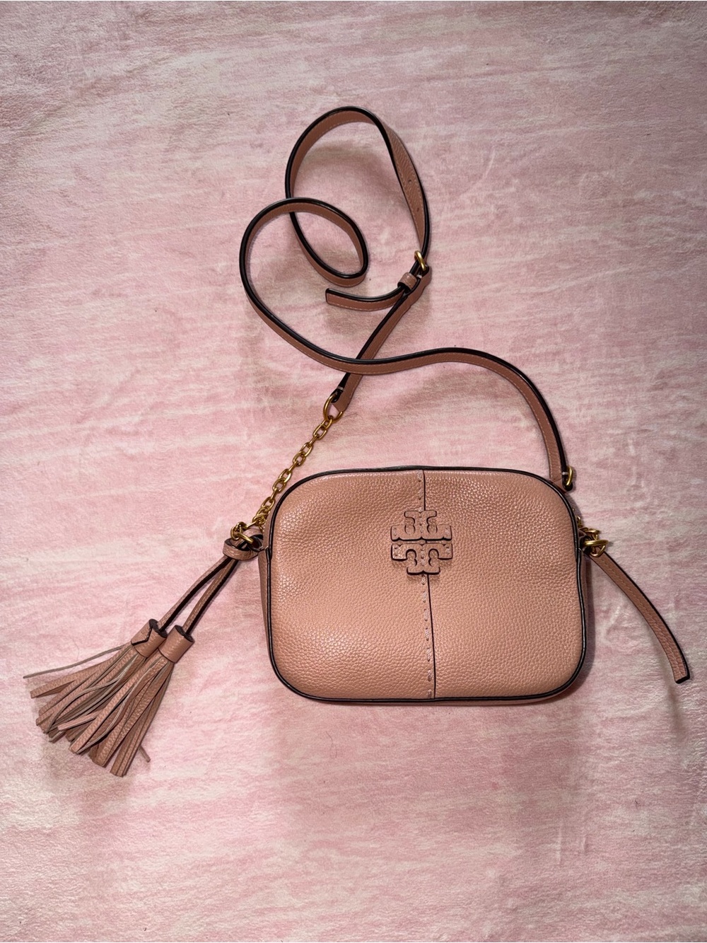 Tory Burch Blush Pink Pebbled Leather Crossbody with Tassel